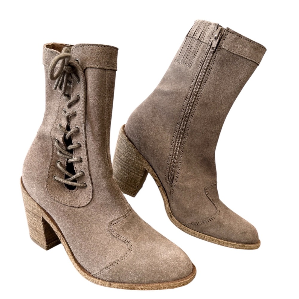 Jeffrey Campbell Taupe Suede Lace Up Side Zip Mid Calf Western Boots Womens 6.5
